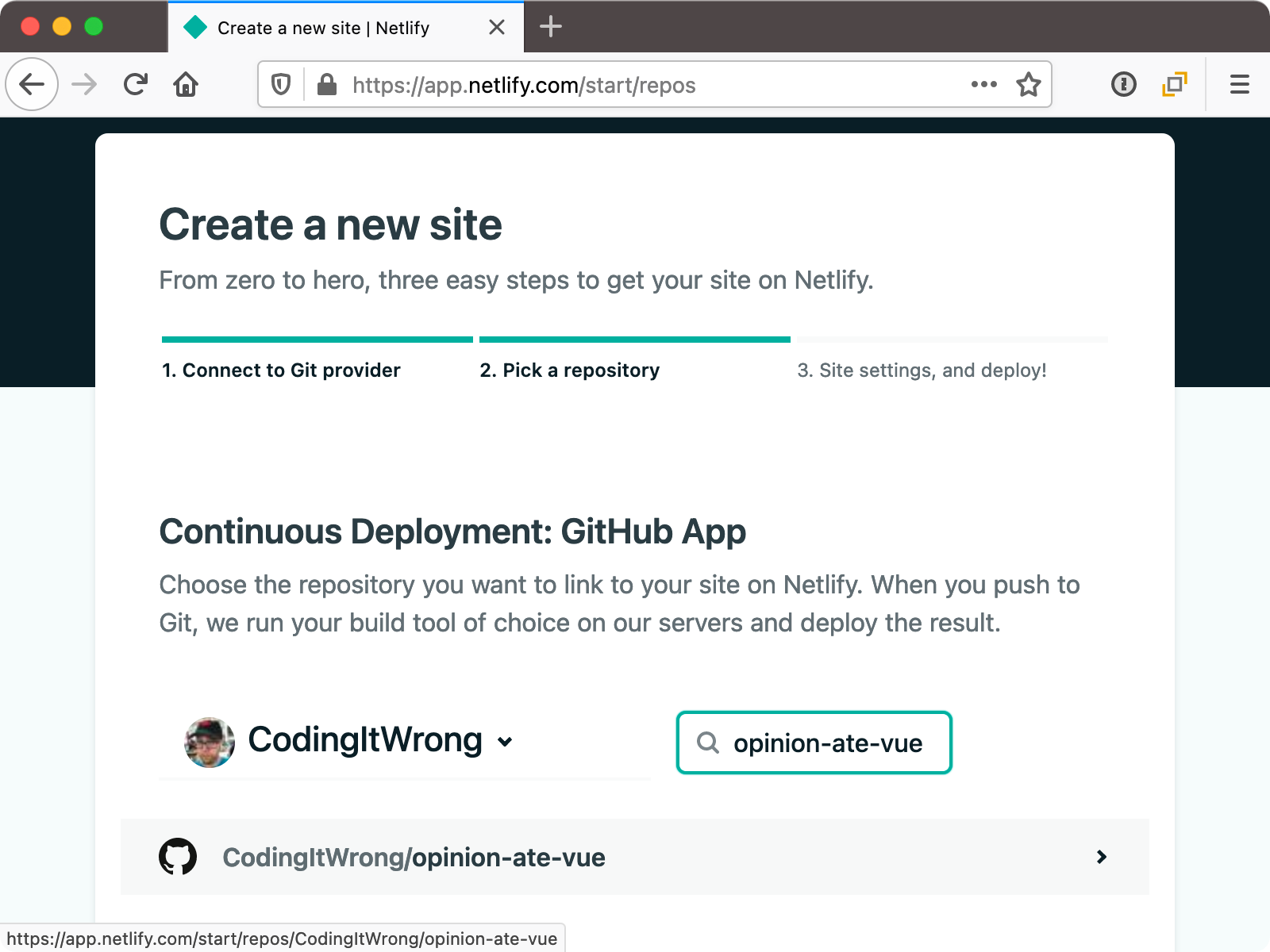 Choosing repo for a new site in Netlify